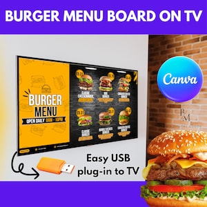 Plantilla elegante de menú de TV digital: ¡menú de hamburguesas totalmente editable para restaurantes y cafés!
