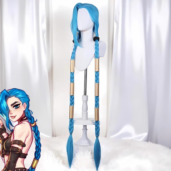 Peluca de cosplay de Jinx, trenza azul, estilo arcano, resistente al calor con gorro, para mujer.
