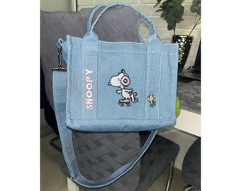 Kawaii Cartoon Dog Tote Bag – Cute Denim Shoulder Bag with Embroidery, Large Capacity Lunch Bag for Students & Daily Use