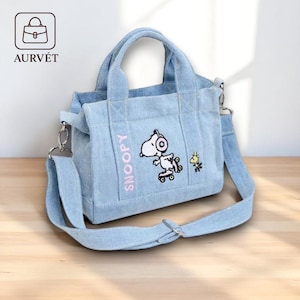 Kawaii Cartoon Dog Tote Bag – Cute Denim Shoulder Bag with Embroidery, Large Capacity Lunch Bag for Students & Daily Use