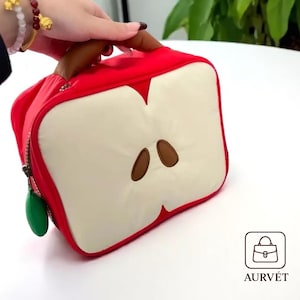 Cartoon Apple Makeup Bag – Cute Travel Toiletry Storage Pouch for Women, Eco-Friendly Fabric Cosmetic Handbag Organizer