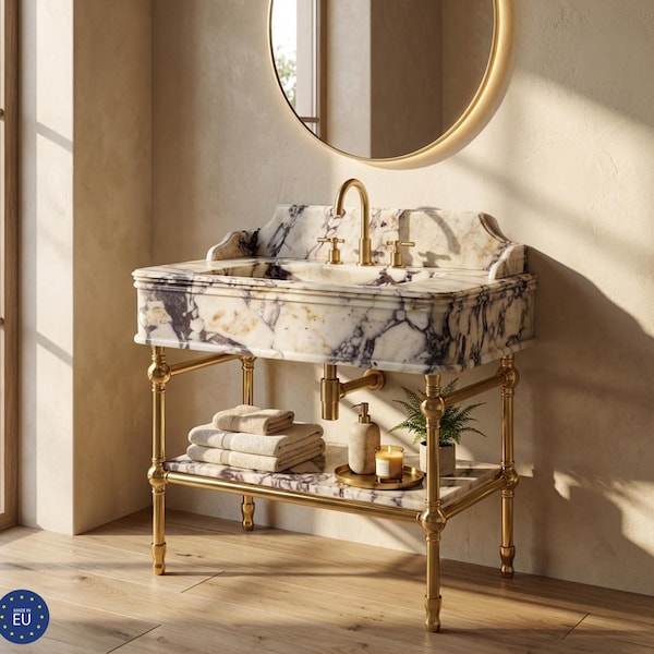 Calacatta Viola Marble Sink with Metal Base | Custom Stone Bathroom Console | Natural Marble Sink Top with Metal Legs M6M004