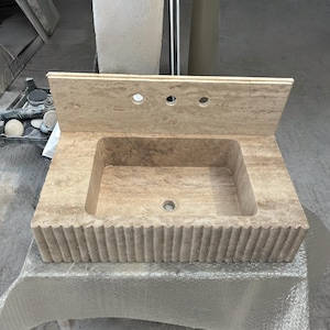 Fluted Travertine Marble Sink with Backsplash – Natural Stone Vanity Sink Basin for Bathroom, Custom Rectangular Wall Mount Design