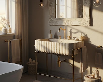 Fluted Travertine Marble Sink | Wall Mounted Vanity with Gold Frame | Natural Stone Basin for Elegant Bathroom Interiors M6M018