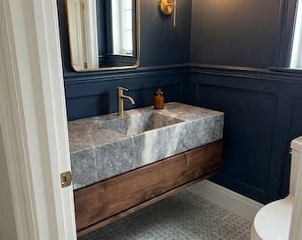 Hand Carved Grey Marble Vanity Basin with Wood Vanity, Small Batch Made to Order