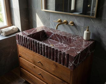 Handcrafted Rosso Levanto Fluted Marble Vanity Sink for Custom Size Bathroom M6N003