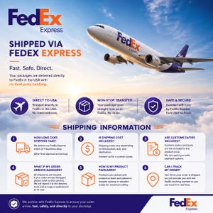 Może przedstawiać: Grafika promocyjna przedstawiająca biały samolot transportowy FedEx Express lecący nad chmurami. Tekst zawiera FedEx Express, SHIPPED VIA FEDEX EXPRESS, Fast. Safe. Direct. oraz numerowaną listę informacji o wysyłce i odpowiedzi na pytania.