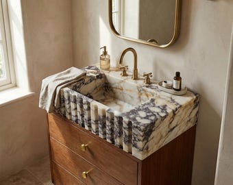 Calacatta Viola Marble Fluted Sink with Wood Drawer Vanity – Natural Stone Bathroom Console for Small Spaces and Modern Powder Rooms M6F014