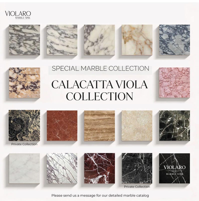 K&ouml;nnte beinhalten: Eine Auswahl von f&uuml;nfzehn quadratischen Marmormustern in verschiedenen Farben und Aderungen, darunter Wei&szlig;, Schwarz, Rot, Rosa und Beige. Der Text lautet VIOLARO MARBLE SINK, SPECIAL MARBLE COLLECTION, CALACATTA VIOLA COLLECTION und Private Collection.
