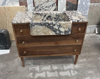 Apron Front Calacatta Viola Marble Sink with Walnut Vanity – Handmade Natural Stone Bathroom Console for Elegant Powder Room Decor M6F003