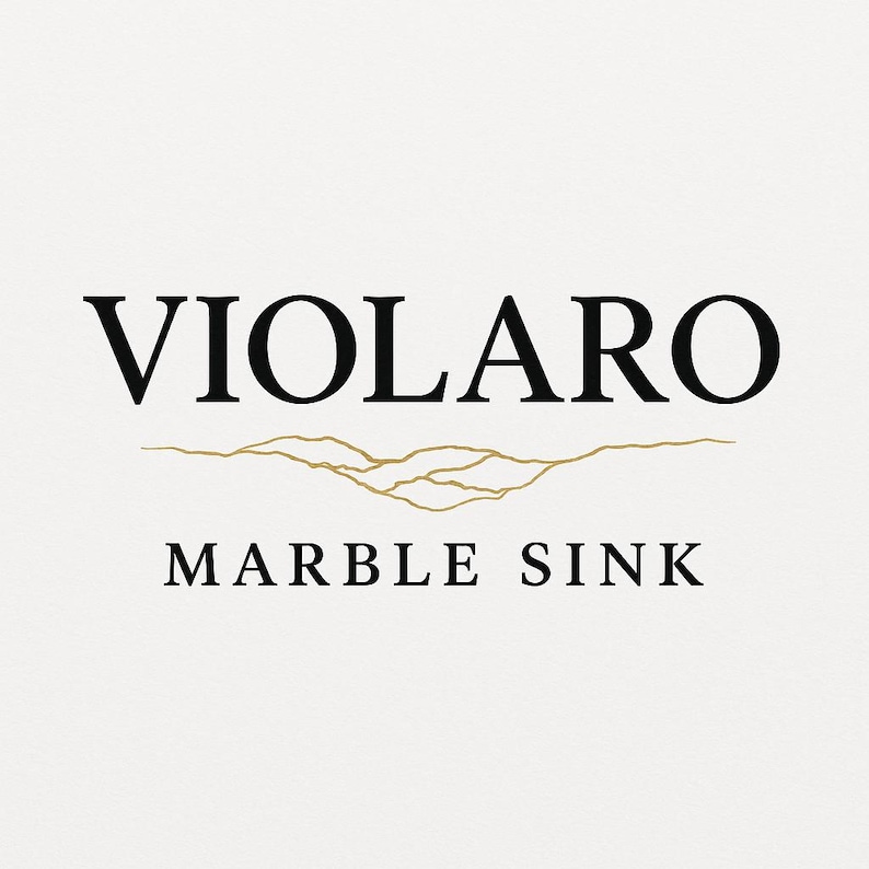 K&ouml;nnte beinhalten: Ein Logo auf wei&szlig;em Hintergrund mit dem schwarzen Text VIOLARO oben und MARBLE SINK unten. Zwischen den beiden Textzeilen befindet sich eine d&uuml;nne, horizontale goldene Liniengrafik, die an ein stilisiertes Gebirge oder ein Adernmuster erinnert.