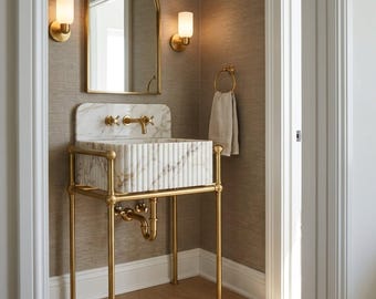 Lavabo de mármol Calacatta Viola con mueble de nogal | Consola de baño en piedra natural con cajones