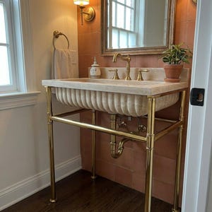 Fluted Travertine Marble Sink | Wall Mounted Vanity with Brass Legs | Natural Stone Basin for Elegant Bathroom Interiors M6M002
