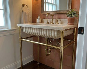 Fluted Travertine Marble Sink | Wall Mounted Vanity with Brass Legs | Natural Stone Basin for Elegant Bathroom Interiors M6M002
