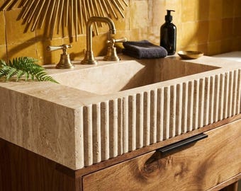 Handmade Travertine Bathroom Basin with Wood Vanity and Hand Carved Detail, Small Batch Artisan Production
