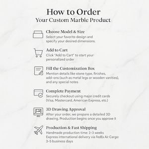 May include: Graphic with the title "How to Order Your Custom Marble Product" and steps: Choose Model & Size, Add to Cart, Fill the Customization Box, Complete Payment, 3D Drawing Approval, and Production & Fast Shipping.