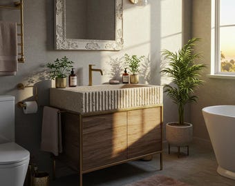 Lavabo acanalado de travertino | Lavabo mural de piedra con latón y madera | Diseño de baño de lujo