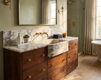 Calacatta Viola Marble Sink with Walnut 10 Drawer Cabinet | 72 Inch Wide Hand Carved Stone Basin with Counter | Custom Luxury Master Bath