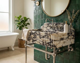 Calacatta Viola Fluted Marble Sink with Chrome Stand & Sculpted Backsplash | Two-Leg Wall Support Hand Carved Stone | Custom Luxury Vanity