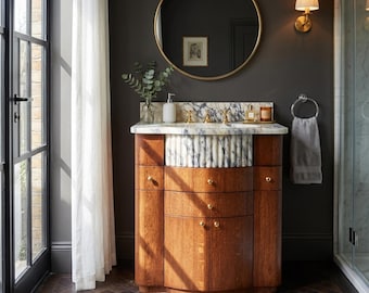 Calacatta Marble Fluted Sink with Oval Basin & Curved Walnut Cabinet | Hand Carved Natural Stone Vanity with Backsplash | Custom Bathroom