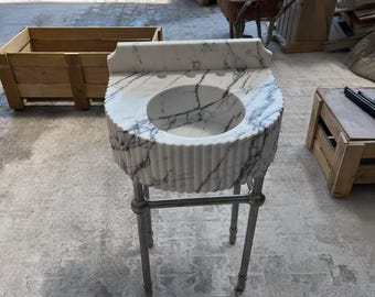 Fluted Calacatta Marble Pedestal Sink – Natural Stone Basin for Bathroom Vanity, Wall Mount or Console Sink, Luxury Marble Sink Basin M6M019