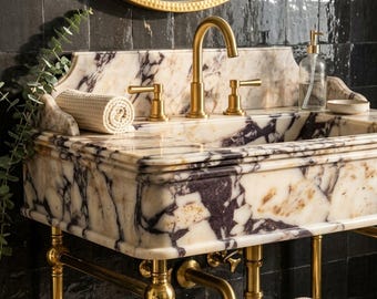 Calacatta Viola Marble Sink with Metal Base | Natural Stone Sink | Stone Vessel Sink