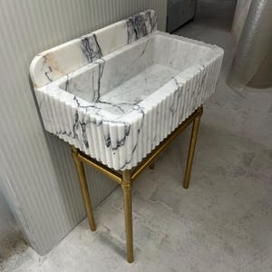 Fluted Carrara Marble Sink – White Natural Stone Sink Basin with Marble Sink Top, Wall Mounted Console for Bathroom Vanity, Interior Design