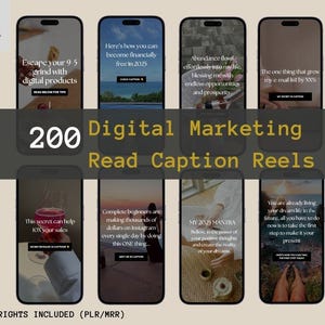 Puede incluir: Imagen promocional con ocho pantallas de teléfonos inteligentes que muestran contenido de marketing digital. El texto de la imagen dice "200 Digital Marketing Read Caption Reels" e incluye frases como "Escapa de tu rutina" y "Sé financieramente libre en 2025."