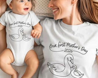 First Mother's Day 2026 T-Shirt with Matching Goose Babysuit for Mom and Baby, New Mom Design Tee