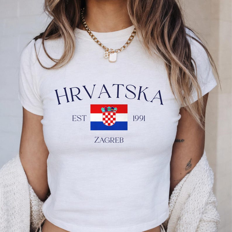 Croatia Flag Baby Tee, Vintage Est 1991 Zagreb Crop Top, Y2K Soccer Cup 2026 Shirt image 1