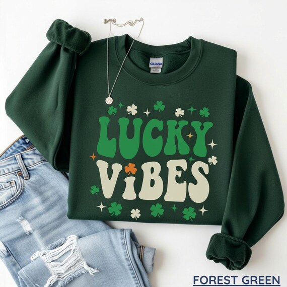 Lucky Vibes Sweatshirt, Shamrock Irish Sweater, St Patrick’s Day Gift, Retro Lucky Sweatshirt, Cozy Casual Wear