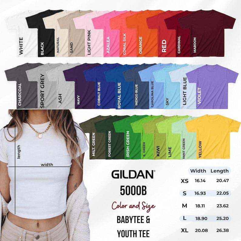 May include: A variety of Gildan 5000B t-shirts in various colors, including white, black, and red. The image also shows a size chart with measurements in inches for XS to XL sizes. The text "BABYTEE & YOUTH TEE" is also visible.