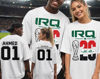 Camiseta personalizada de la Copa de Fútbol de Irak 2026 con nombre y número, camiseta gráfica vintage de fútbol con la bandera de Irak.