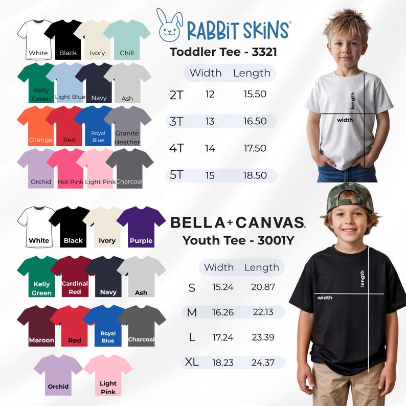 Peut inclure: Un nuancier pour les t-shirts pour tout-petits Rabbit Skins 3321 et les t-shirts pour jeunes Bella+Canvas 3001Y. L'image pr&eacute;sente diverses ic&ocirc;nes de t-shirts unis, des logos de marque et des tableaux de mesures en cm pour les tailles.