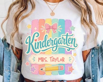Custom Kindergarten Teacher Shirt, Personalized Retro Pastel Pencil Design Tee,