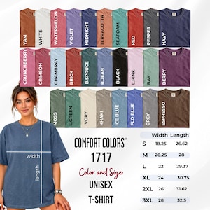 Peut inclure: Un t-shirt unisexe Comfort Colors 1717 pr&eacute;sent&eacute; dans une grande vari&eacute;t&eacute; de couleurs, notamment yam, blanc, past&egrave;que, violet, minuit, terre cuite, &eacute;cume de mer, rouge, poivre, marine, crunchberry, cramoisi, chambray, brique, &eacute;pic&eacute;a, jean, noir, rose, baie, mousse, vert, ivoire, kaki, bleu glace, bleu flo, gris et expresso, avec un tableau des tailles affichant la largeur et la longueur en cm.