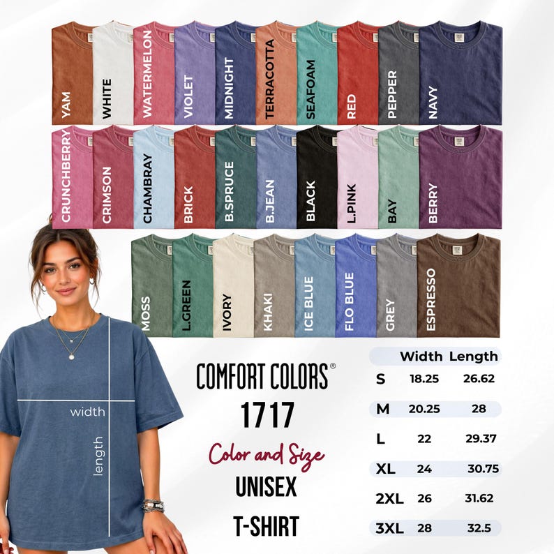 Peut inclure: Un t-shirt unisexe Comfort Colors 1717 pr&eacute;sent&eacute; dans une grande vari&eacute;t&eacute; de couleurs, notamment yam, blanc, past&egrave;que, violet, minuit, terre cuite, &eacute;cume de mer, rouge, poivre, marine, crunchberry, cramoisi, chambray, brique, &eacute;pic&eacute;a, jean, noir, rose, baie, mousse, vert, ivoire, kaki, bleu glace, bleu flo, gris et expresso, avec un tableau des tailles affichant la largeur et la longueur en cm.