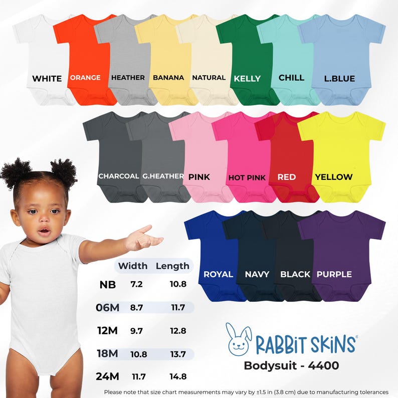 Peut inclure: Une collection de bodys Rabbit Skins 4400 dans diverses couleurs, notamment blanc, orange, chin&eacute;, banane, naturel, kelly, chill, bleu clair, anthracite, gris chin&eacute;, rose, rose vif, rouge, jaune, royal, marine, noir et violet avec un tableau des tailles.