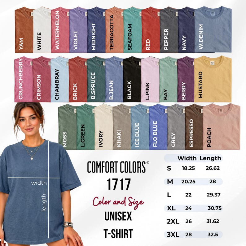 Comfort Colors 1717 Color and Size Chart