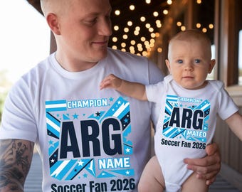 Camisetas familiares personalizadas para aficionados al fútbol argentino 2026, camisetas a juego Champion ARG personalizadas, camiseta infantil personalizada y body para bebé.
