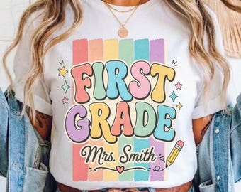 Custom 1st Grade Teacher T-Shirt with Retro Groovy Design, 1st Grade Shirt, Back to School Teacher Shirt