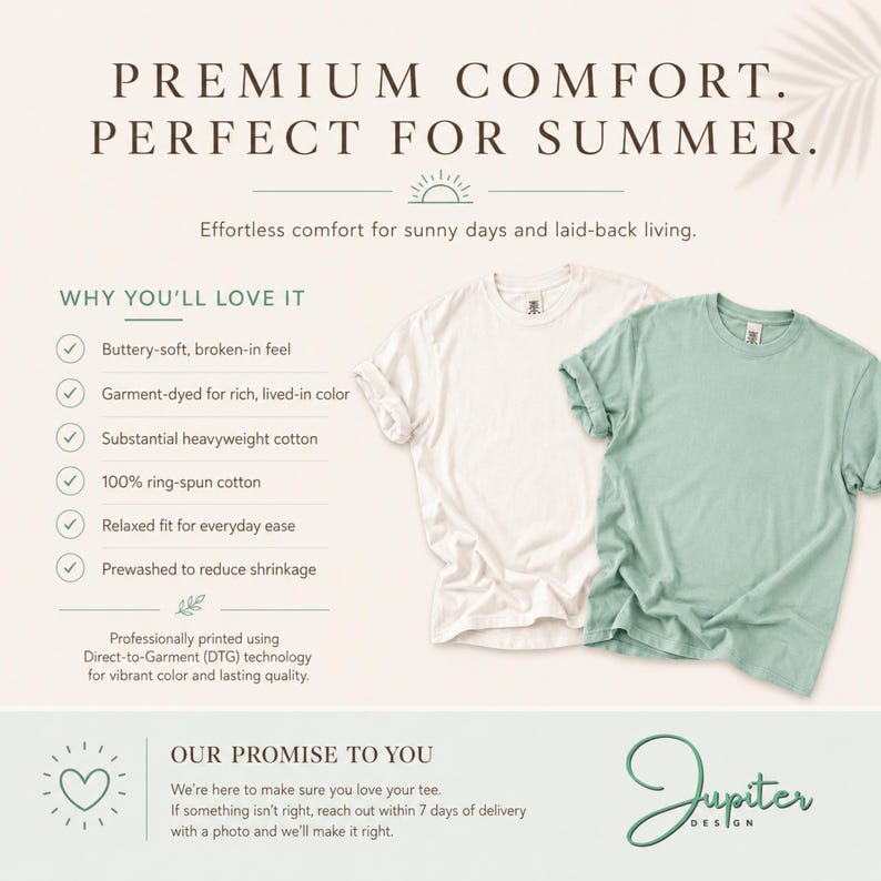 May include: Two short-sleeved crew neck t-shirts, one white and one sage green, displayed alongside text detailing product features including heavyweight cotton, ring-spun fabric, garment-dyed color, and direct-to-garment printing technology.