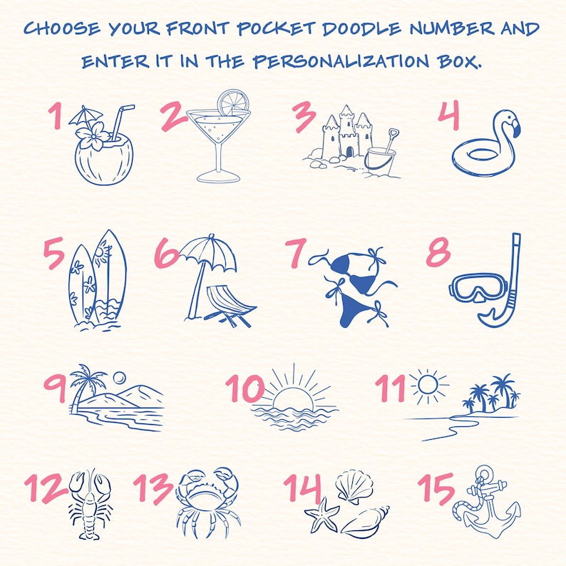 May include: A collection of fifteen blue line-art summer icons numbered one through fifteen, including a coconut drink, cocktail, sandcastle, flamingo float, surfboard, beach chair, bikini, snorkel, palm trees, sunset, and sea life.