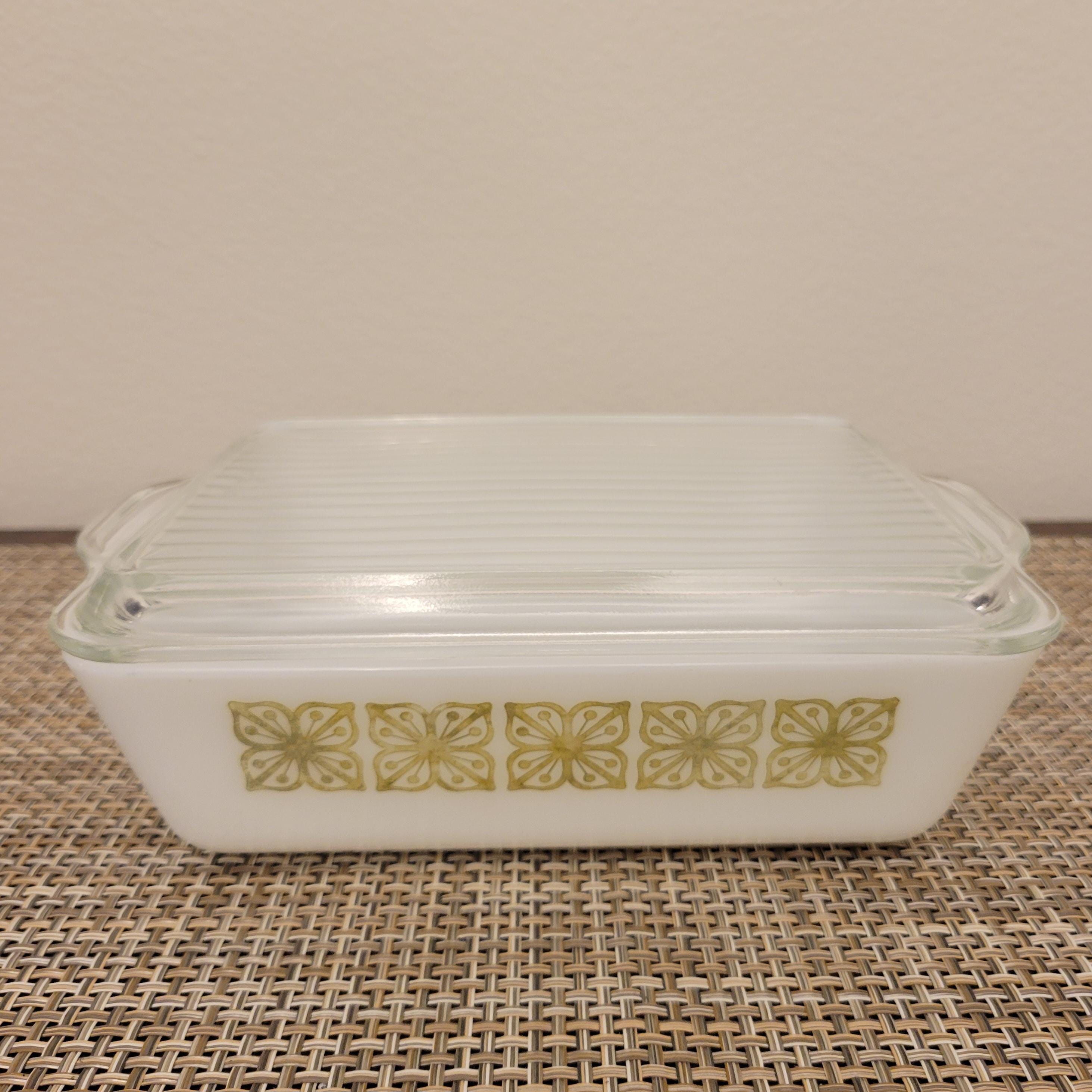 Vintage Pyrex VERDE SQUARE FLOWER Pattern "Fridgie" #503 Refrigerator Dish with Lid