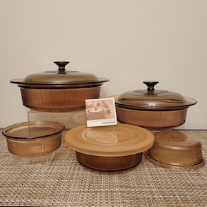 Vintage Corning VISIONS Amber Casserole Dish Set with Original Paper Insert
