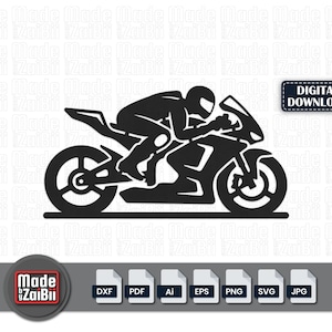 Pode incluir: Silhueta preta de uma motocicleta com um piloto em posição de corrida. A imagem inclui o texto "DIGITAL DOWNLOAD" e o logotipo "Made by ZaiBii". Ícones de formato de arquivo também estão presentes.