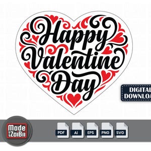 Może przedstawiać: Projekt w kształcie serca z napisem "Happy Valentine Day" w czarnym skrypcie, ozdobiony czerwonymi sercami i dekoracyjnymi zawijasami. Zawiera etykietę "Pobierz cyfrowo" i ikony typów plików.