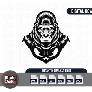 Könnte beinhalten: Ein schwarz-weißes digitales Download-Bild mit einer detaillierten Illustration des Kopfes und Oberkörpers eines Gorillas. Der Text "DIGITALER DOWNLOAD" und "SOFORTIGE DIGITALE SCHNITTDATEIEN" ist enthalten. Das Logo "Made by ZaiBii" ist ebenfalls vorhanden.