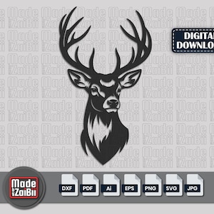 Könnte beinhalten: Ein schwarz-weißes digitales Download einer Hirschkopf-Silhouette mit großem Geweih. Das Bild enthält den Text "DIGITALER DOWNLOAD" und Dateityp-Symbole. Das Design wird im Hintergrund wiederholt.