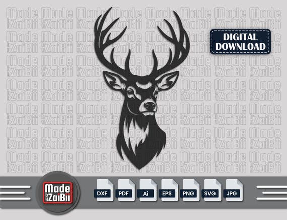 Deer Head SVG with Commercial Use, Buck Cricut Cut File, Stag Silhouette, Hunting Decal, Forest Animal Clipart for Laser Engraving